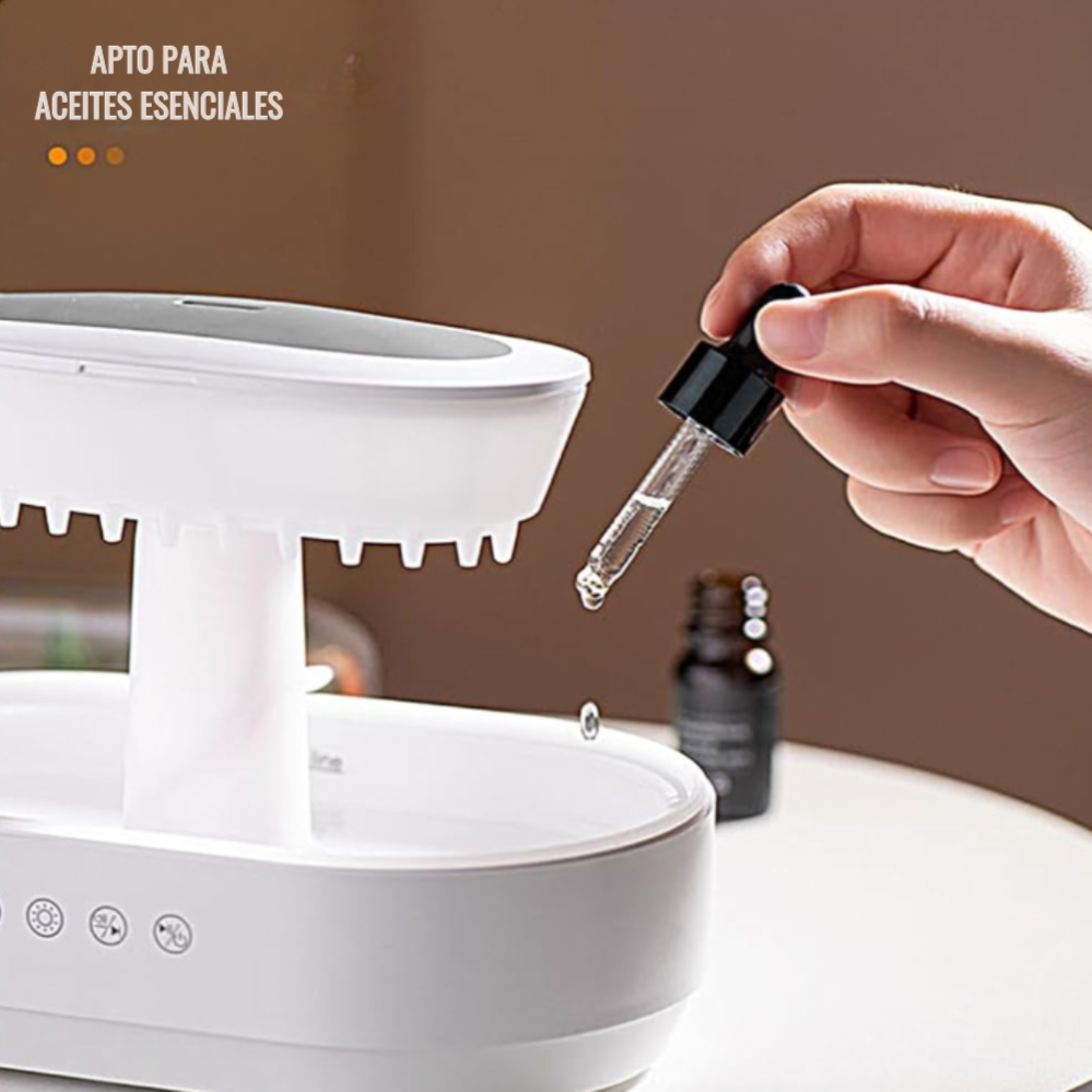 Humidificador gotas de lluvia con sonidos blancos y luz relajante
