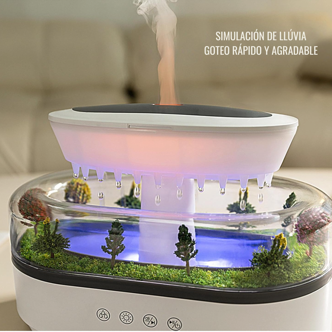 Humidificador gotas de lluvia con sonidos blancos y luz relajante