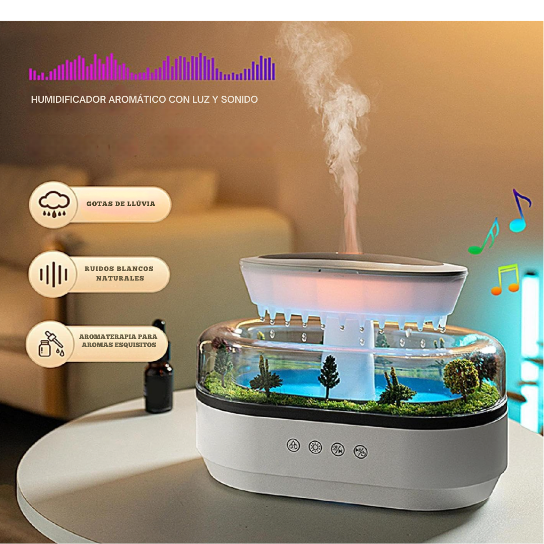 Humidificador gotas de lluvia con sonidos blancos y luz relajante