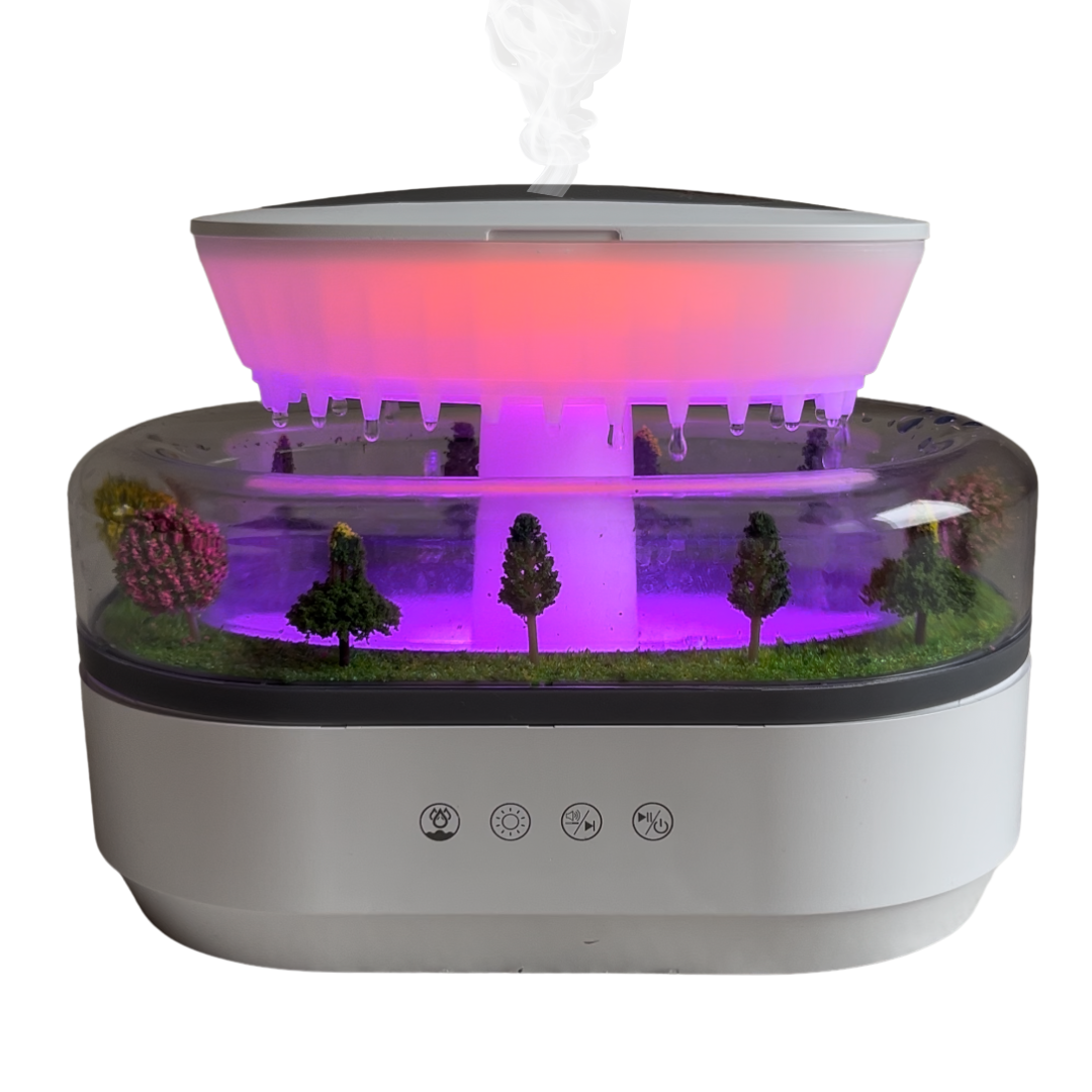Humidificador gotas de lluvia con sonidos blancos y luz relajante